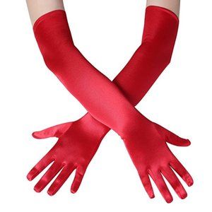 Girl Elbow Length Stretch Satin Long Flapper Gloves Evening Opera 20s Red Silky